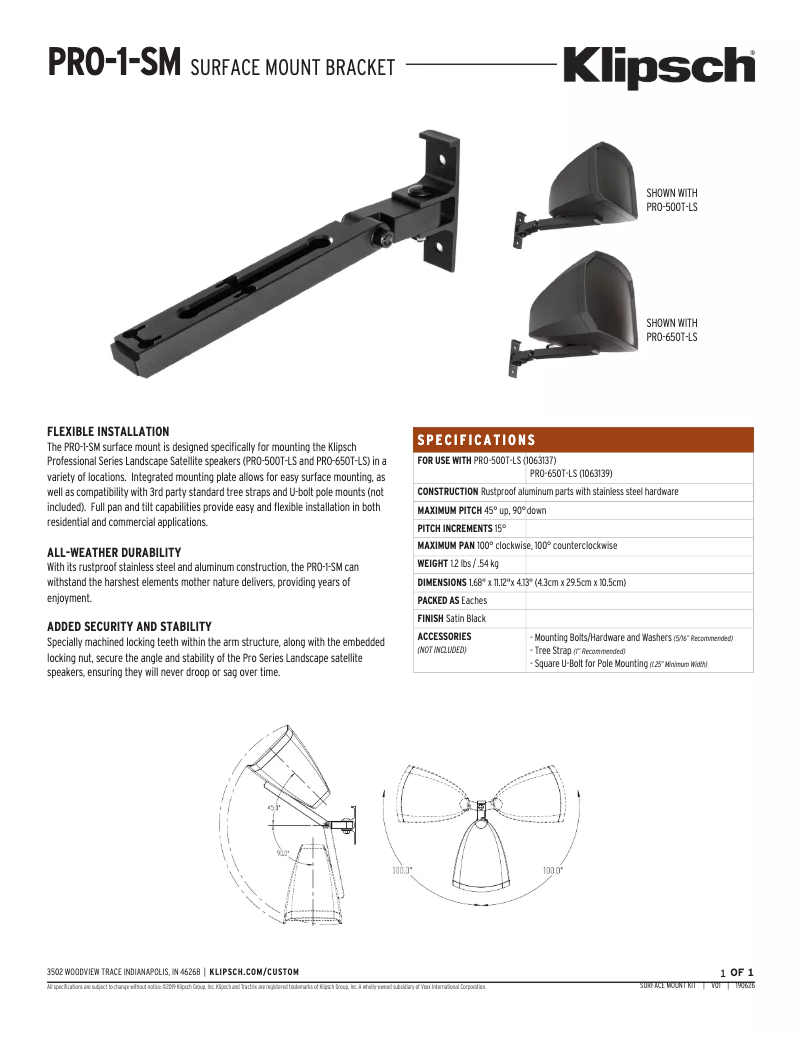 Page 1 de la notice Fiche technique Klipsch PRO-500T-LS