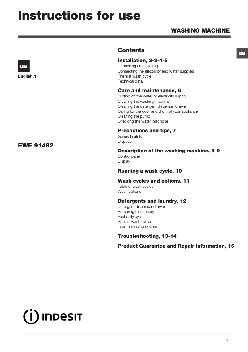 Page n°1 - Manuel utilisateur Indesit EWE 91482 W