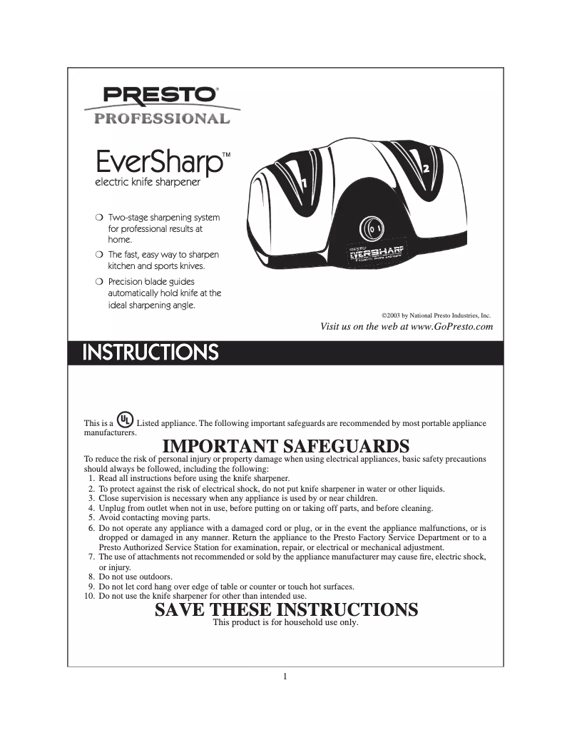 Page 1 de la notice Manuel utilisateur Presto Professional EverSharp