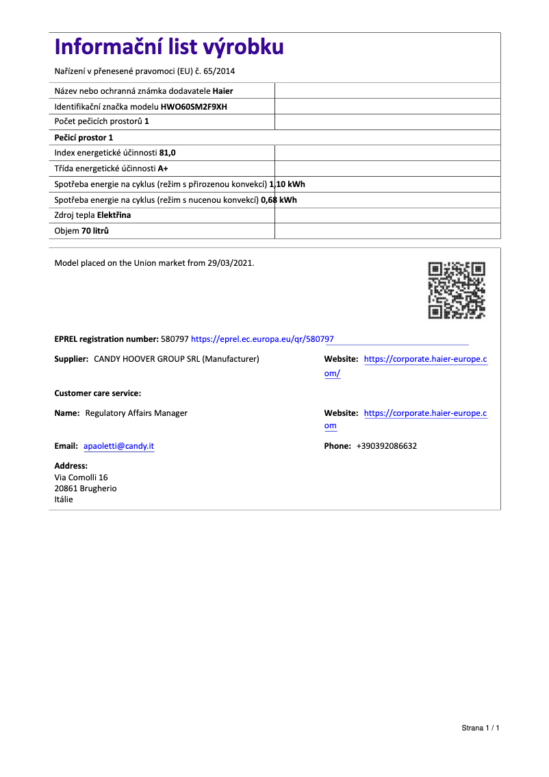 Page 1 de la notice Fiche technique Haier HWO60SM2F9XH