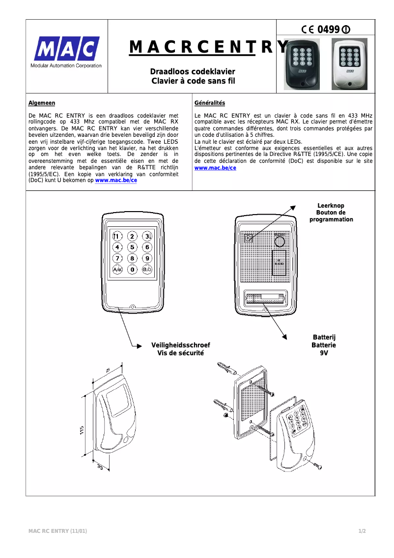 Page 1 de la notice Manuel utilisateur MAC RC Entry