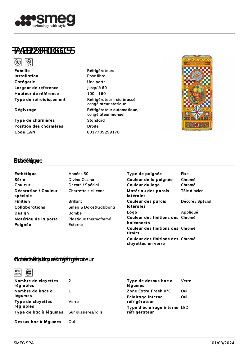 Page 1 de la notice Fiche technique Smeg FAB28RDGC5