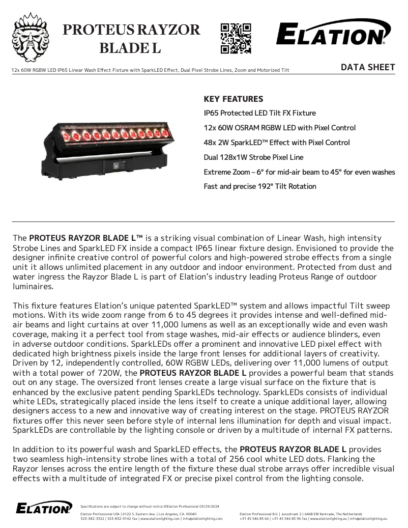 Page 1 de la notice Fiche technique Elation Proteus Rayzor Blade L