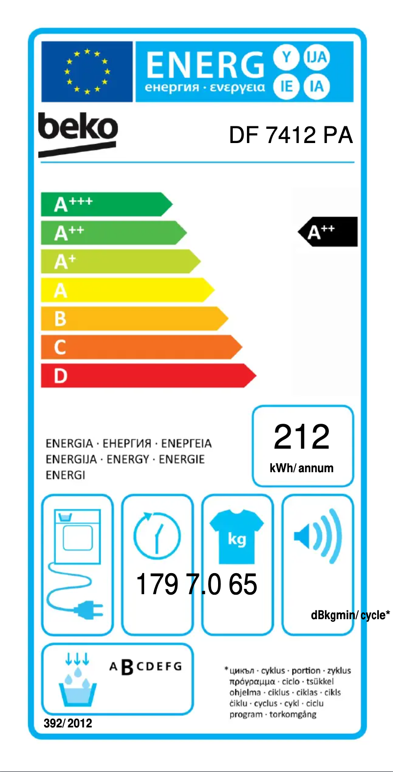 Page 1 de la notice Label énergétique Beko DF7412PA