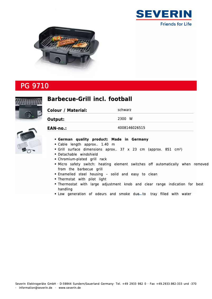 Page 1 de la notice Fiche technique Severin PG 9710