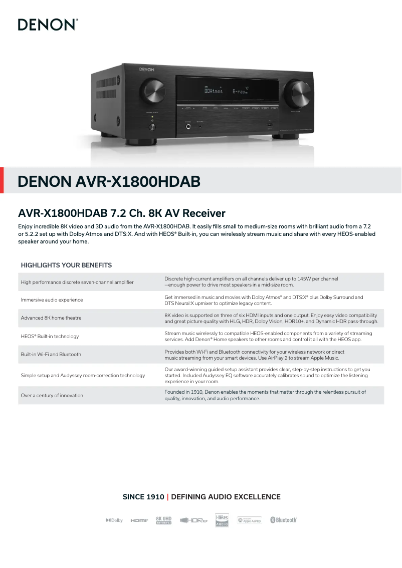 Page 1 de la notice Fiche technique Denon AVR-X1800H DAB
