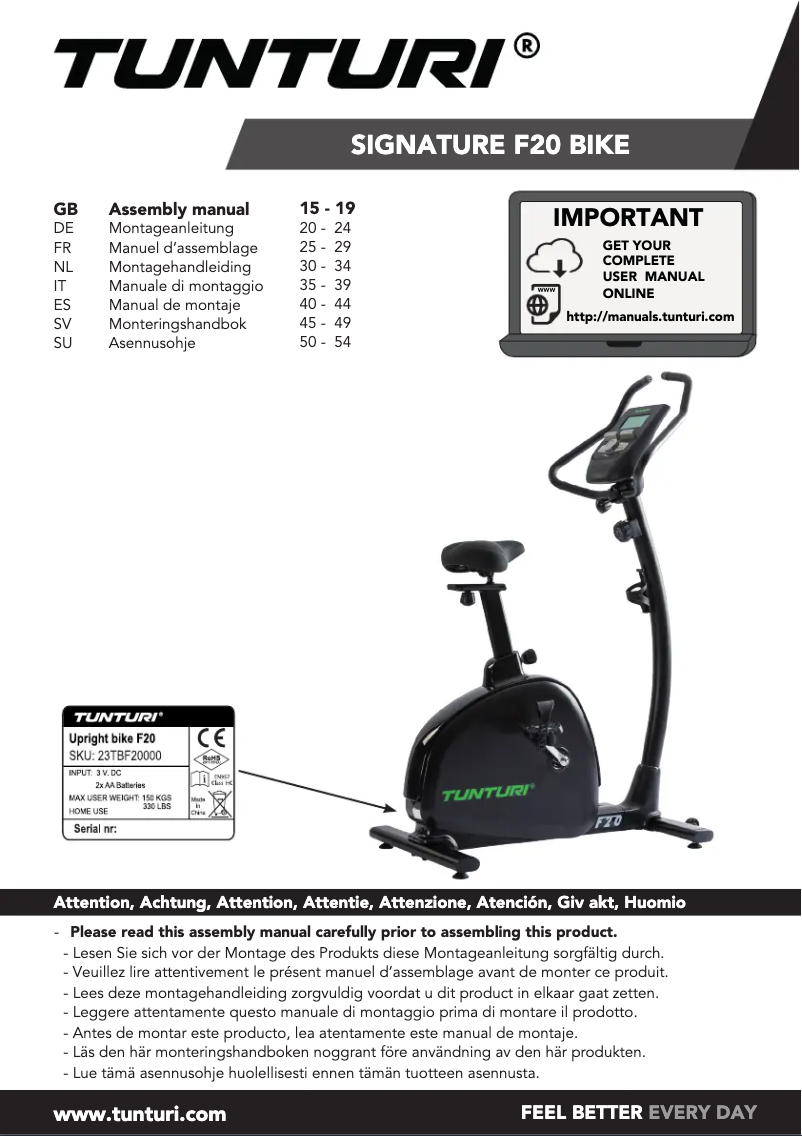 Page 1 de la notice Manuel utilisateur Tunturi Signature F20