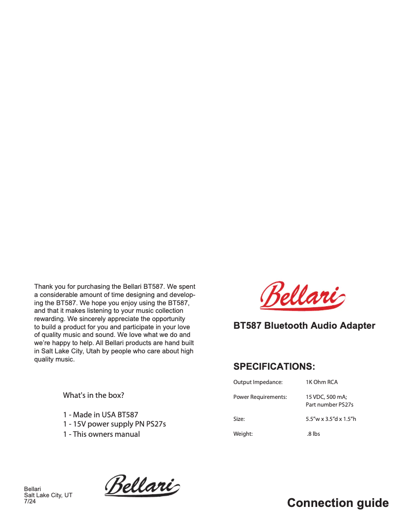 Página 1 del manual Manual de usuario Bellari BT587