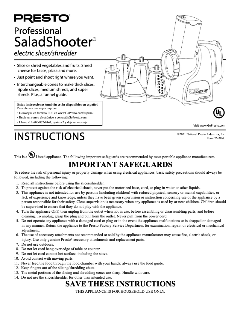 Page 1 de la notice Manuel utilisateur Presto SaladShooter Profesional 02970