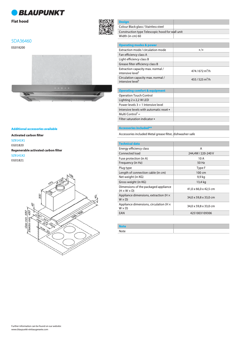 Page 1 de la notice Fiche technique Blaupunkt 5DA36460