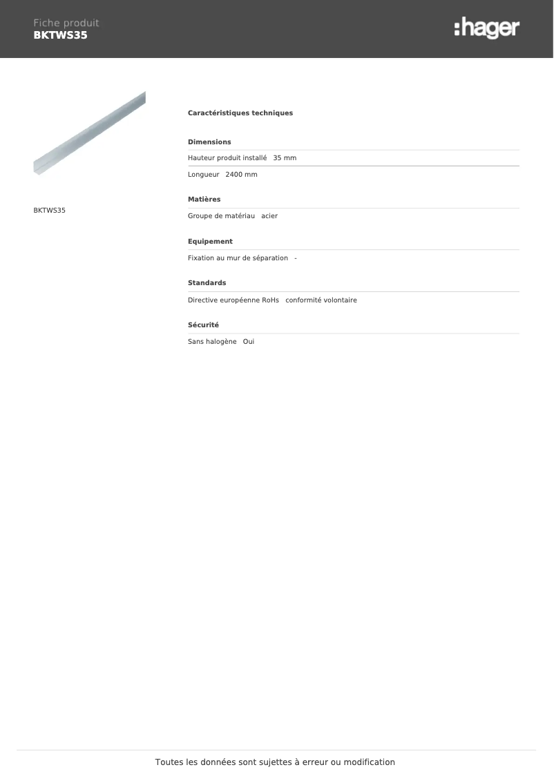 Page 1 de la notice Fiche technique Hager BKTWS35