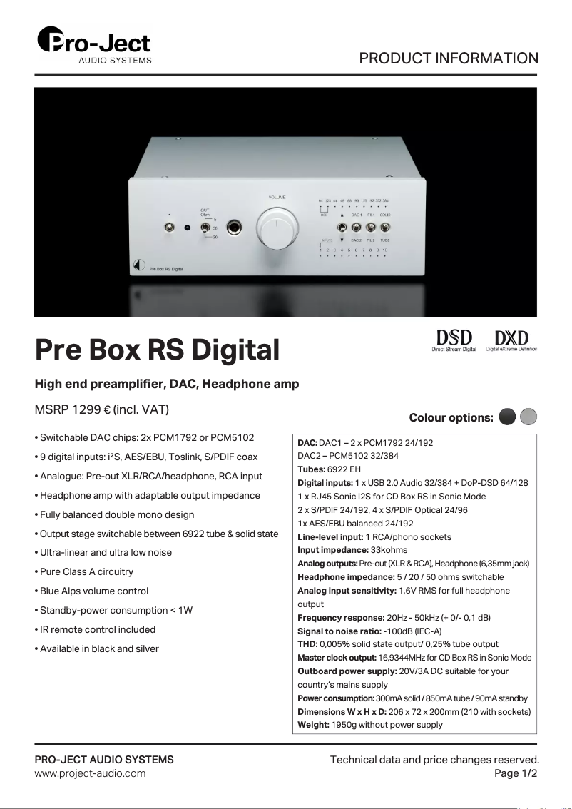 Page 1 de la notice Fiche technique Pro-Ject Pre Box RS Digital