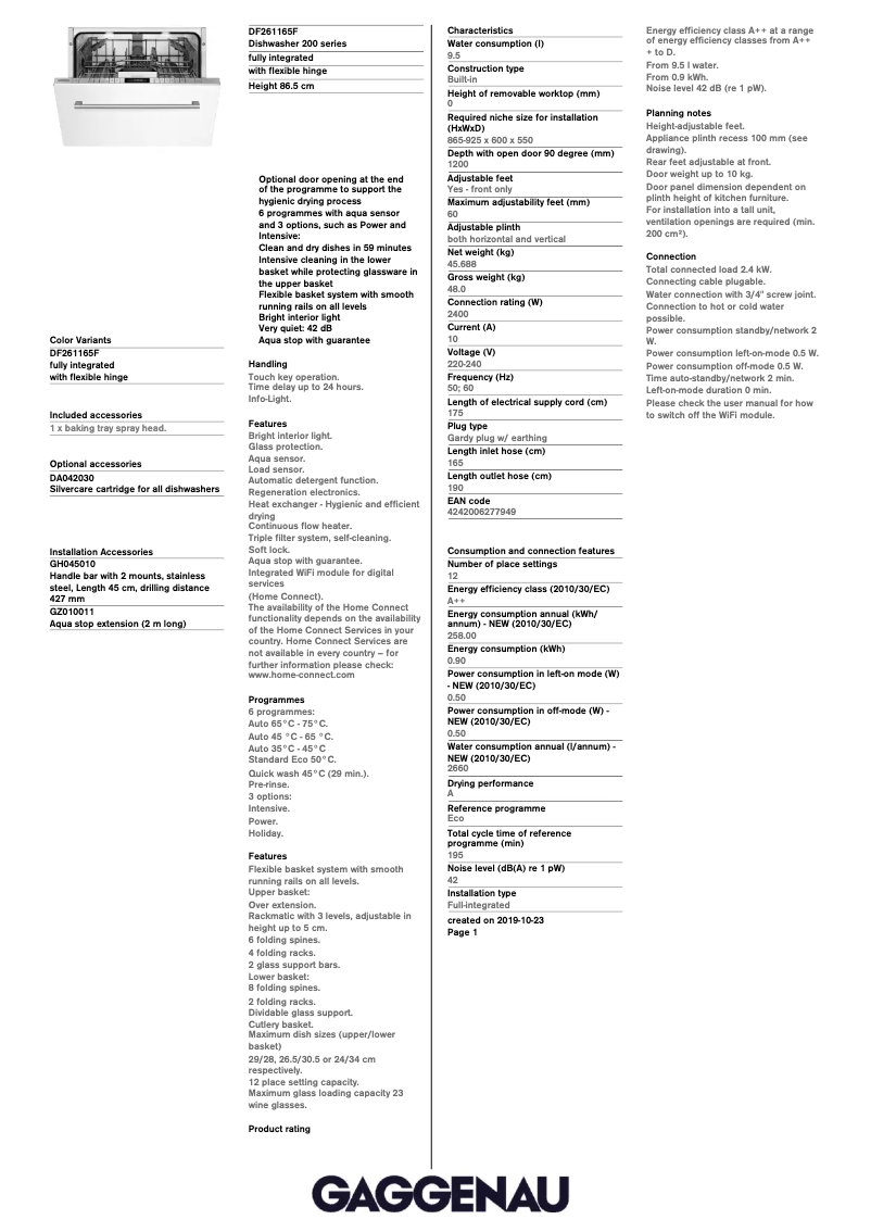 Page n°1 - Fiche technique Gaggenau DF261165F