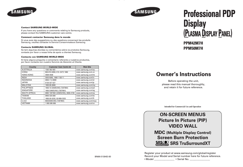 Page n°1 - Manuel utilisateur Samsung PPM42M7H