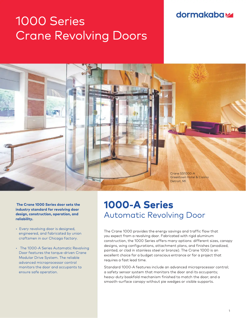 Page 1 de la notice Manuel utilisateur Dormakaba Crane 1000-A