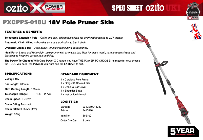 Página 1 del manual Ficha técnica Ozito PXCPPS-018U