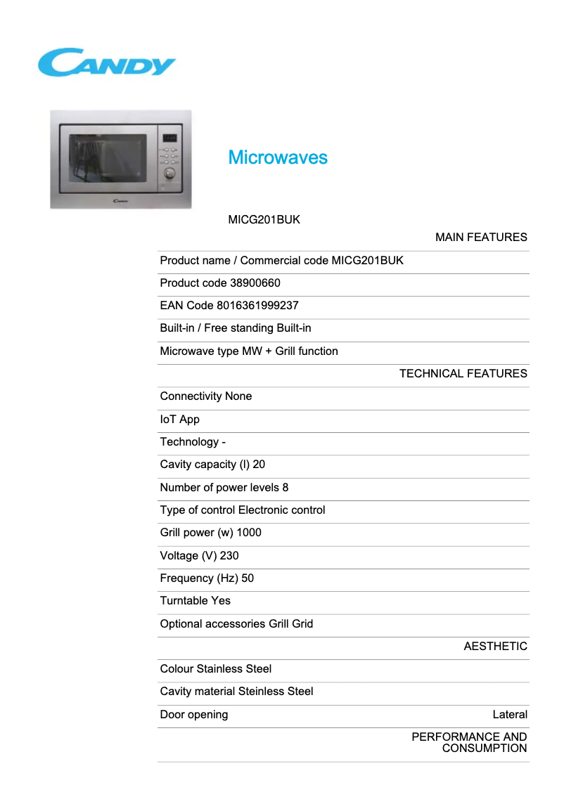 Page 1 de la notice Fiche technique Candy MICG201BUK