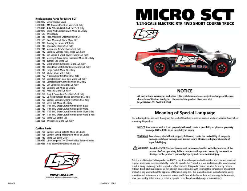 Page 1 de la notice Manuel utilisateur Losi 1/24 4WD Short Course Truck RTR