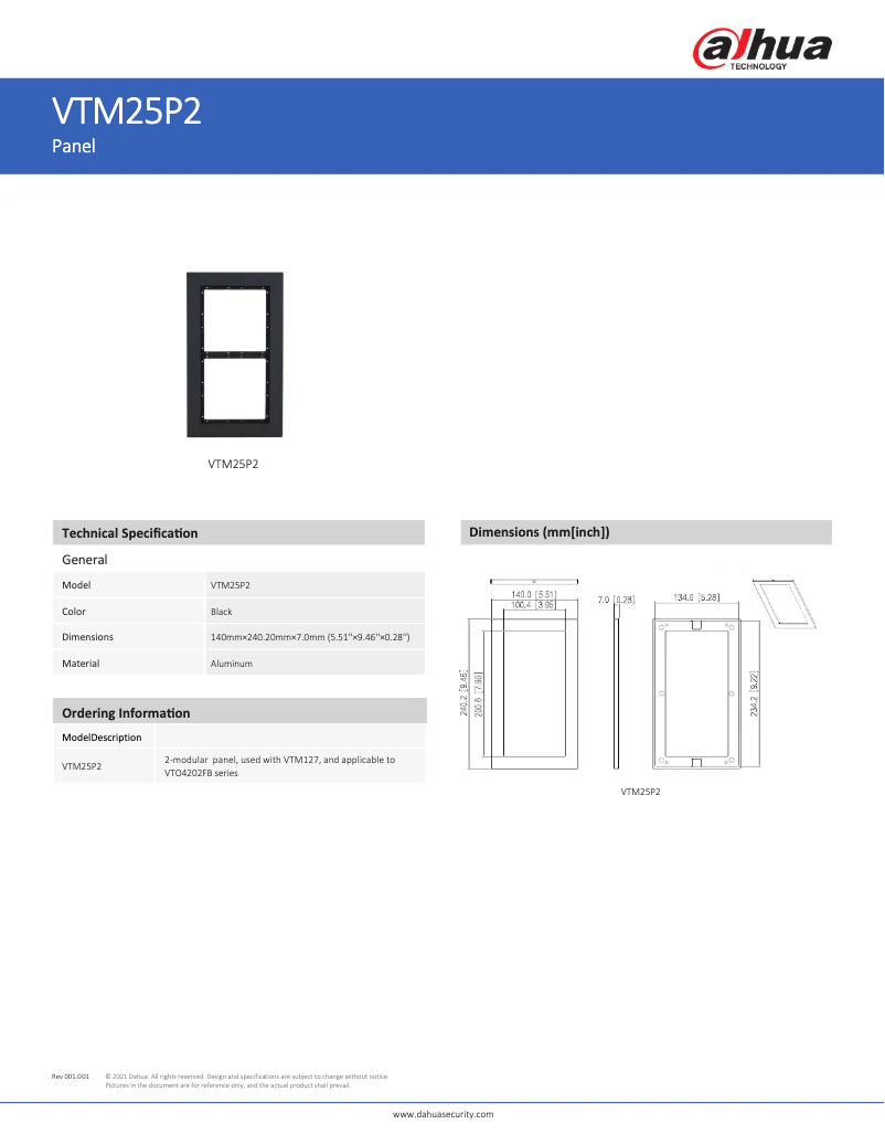 Page 1 de la notice Manuel utilisateur Dahua Technology VTM25P2