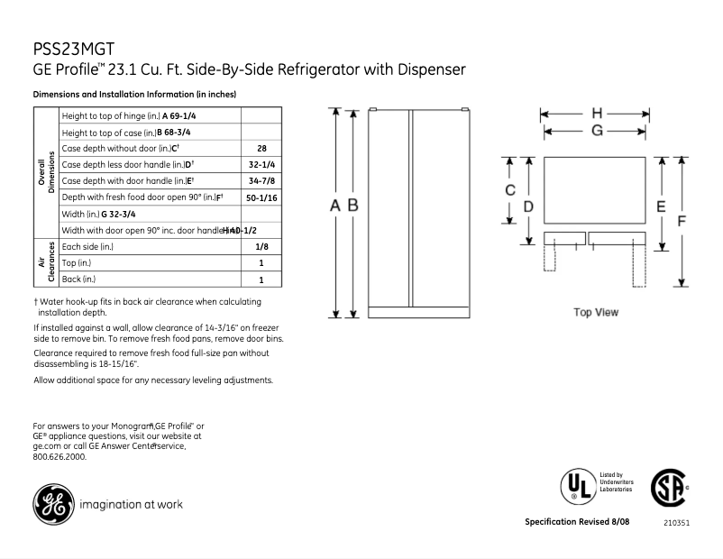 Page 1 de la notice Fiche technique GE Profile PSS23MGTCC