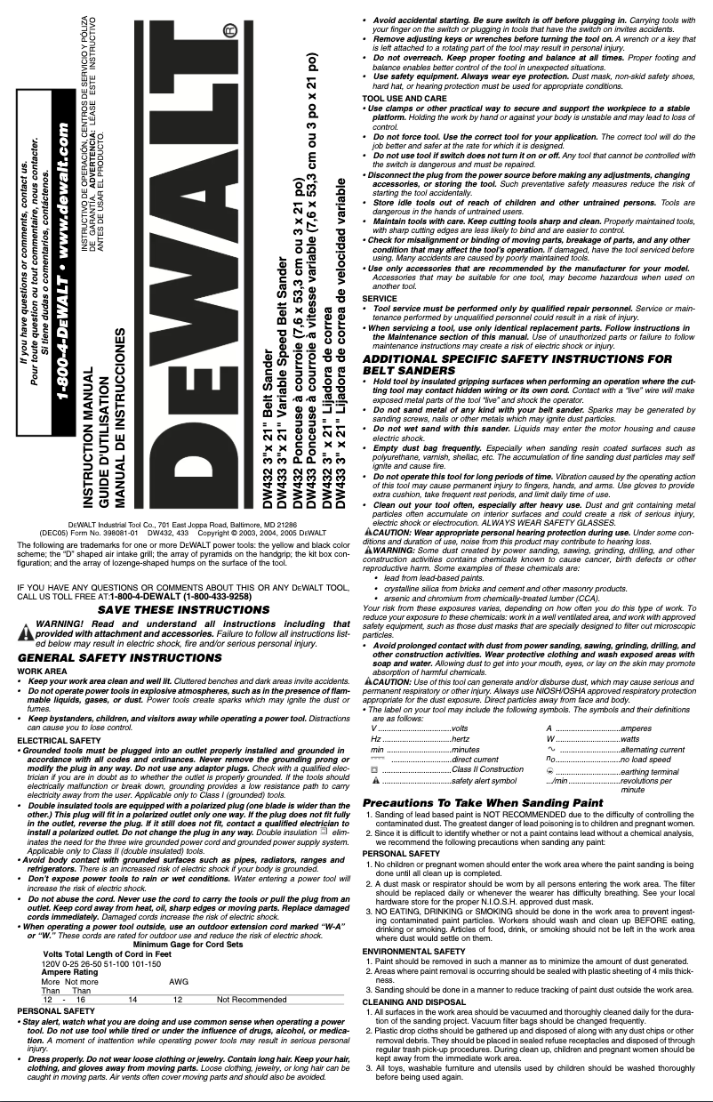 Page n°1 - Manuel utilisateur DeWalt DW433K