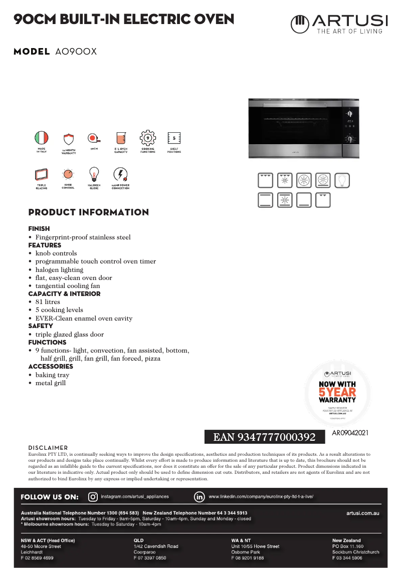Page 1 de la notice Fiche technique Artusi AO900X