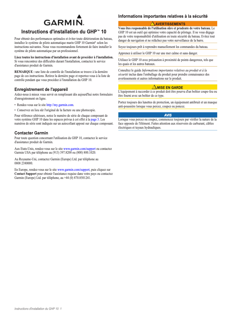Page n°1 - Guide d'installation Garmin GHP 10