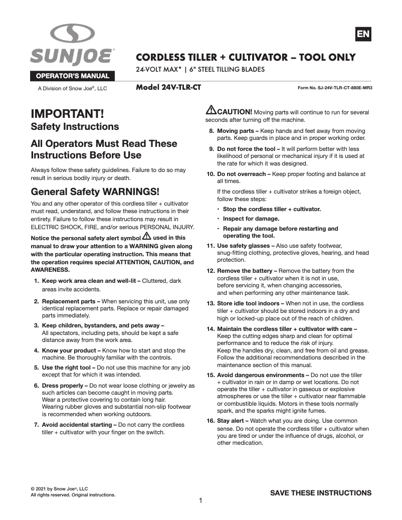 Página 1 del manual Manual de usuario Sun Joe 24V-TLR-CT