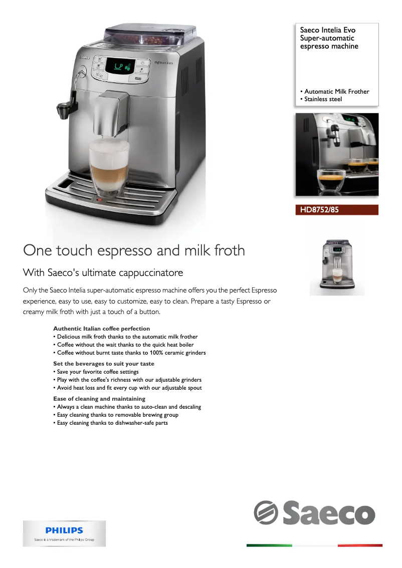 Image de la première page du manuel de l'appareil Saeco Intelia Evo HD8752