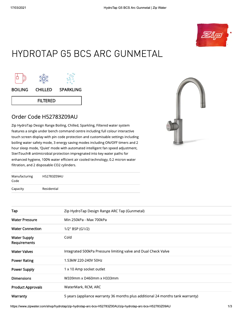Página 1 del manual Ficha técnica Zip HydroTap G5