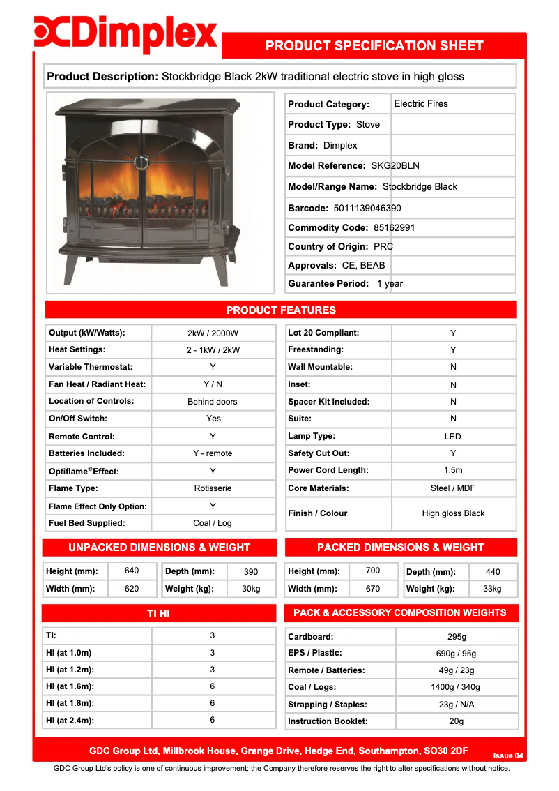 Page n°1 - Fiche technique Dimplex SKG20BLN