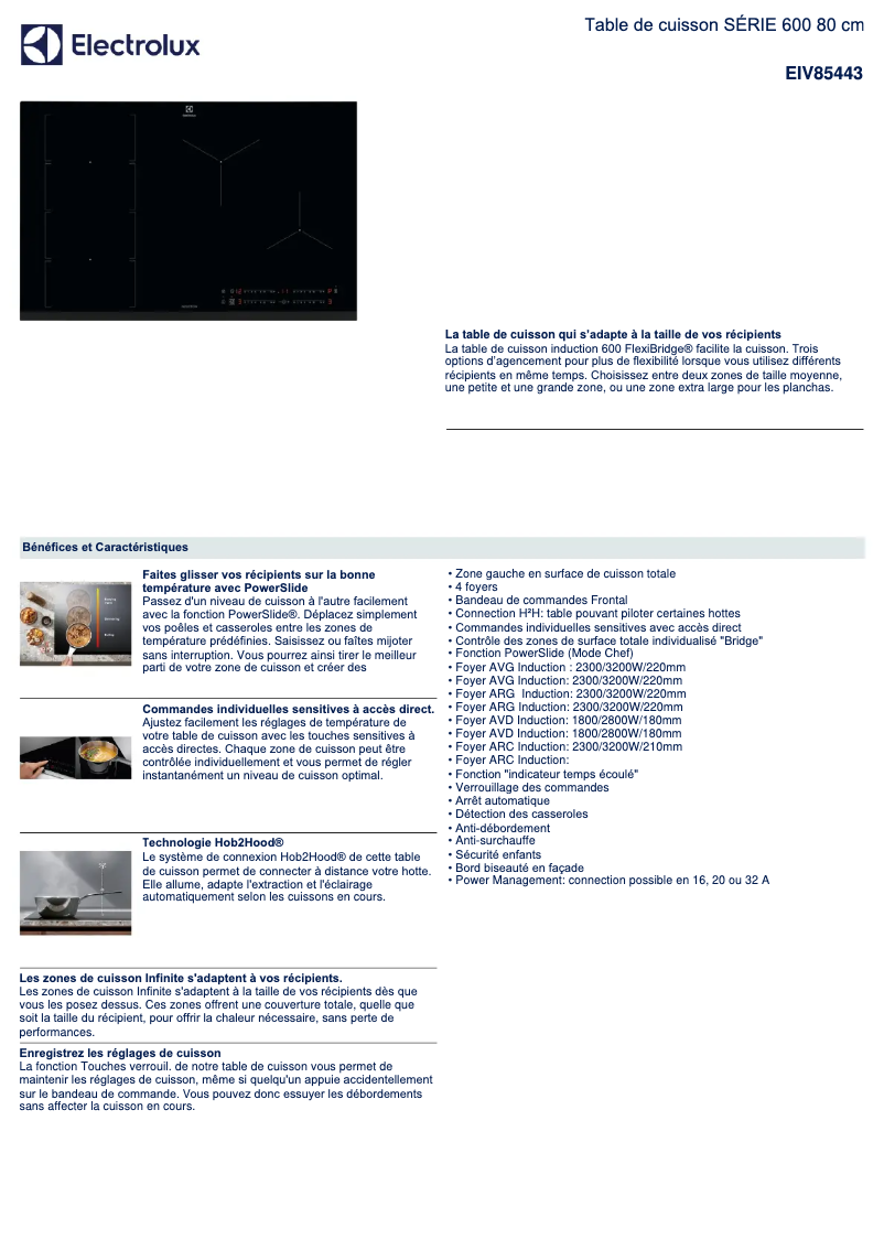 Page 1 de la notice Fiche technique Electrolux EIV85443