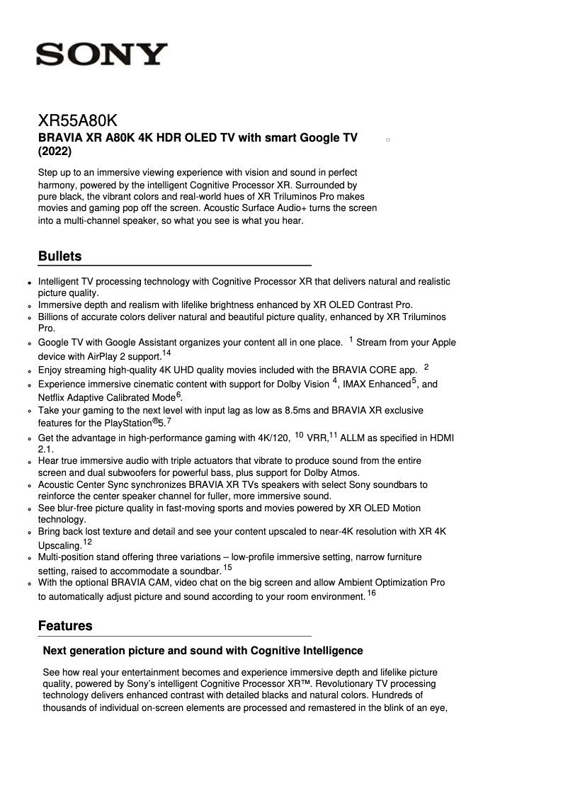 Página 1 del manual Ficha técnica Sony XR-55A80K