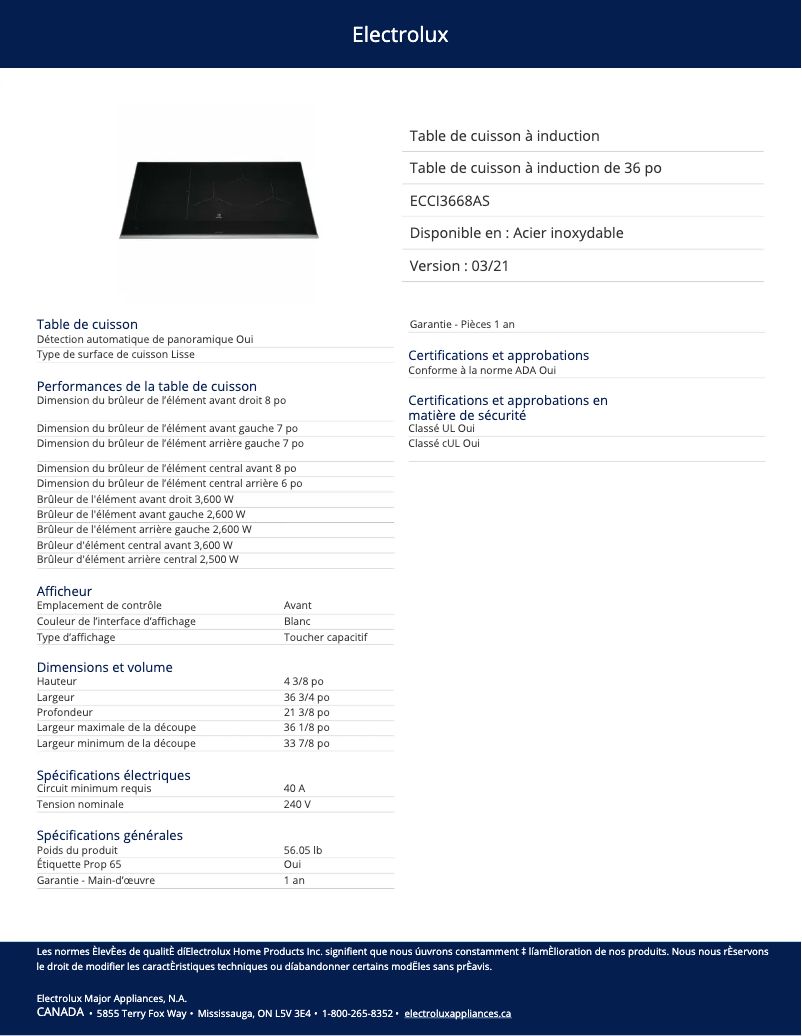 Page n°1 - Fiche technique Electrolux ECCI3668AS