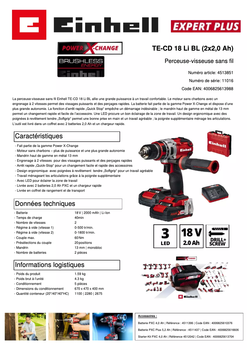 Page 1 de la notice Fiche technique Einhell TE-CD 18 LI BL