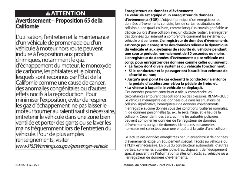 Page 1 de la notice Manuel utilisateur Honda Pilot (2021)