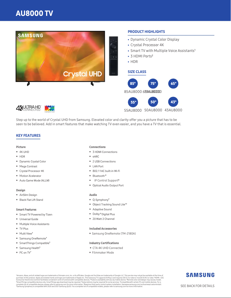 Page 1 de la notice Fiche technique Samsung UN55AU8000FXZA