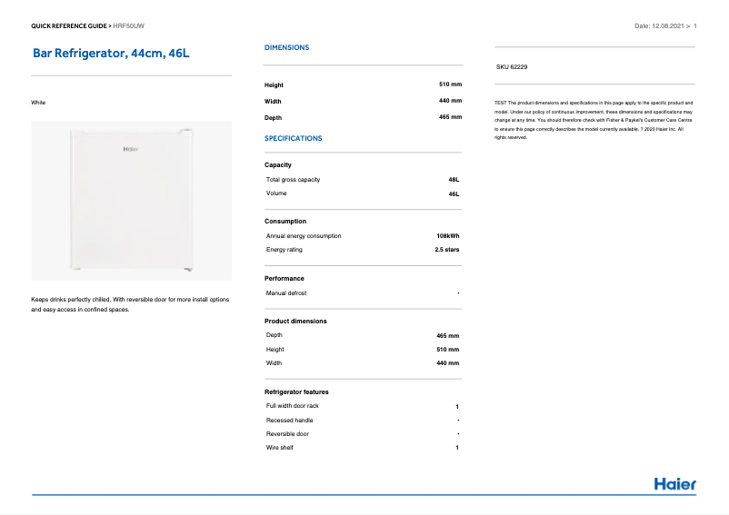 Page 1 de la notice Manuel utilisateur Haier HRF50UW