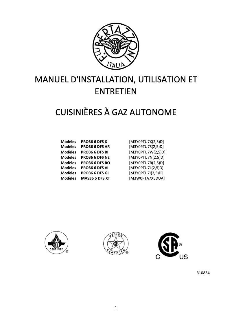 Page 1 de la notice Manuel utilisateur Bertazzoni MAS36 5 XT