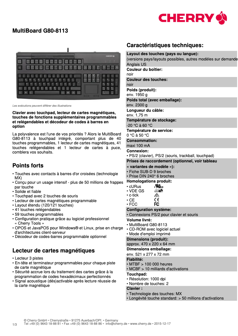 Page 1 de la notice Fiche technique Cherry MultiBoard G80-8113