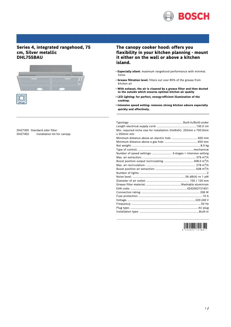 Page 1 de la notice Fiche technique Bosch DHL755BAU