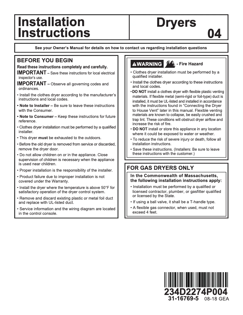 Page n°1 - Guide d'installation GE GFV40ESCMWW