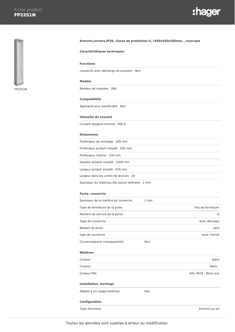 Page n°1 - Fiche technique Hager FP22S1N