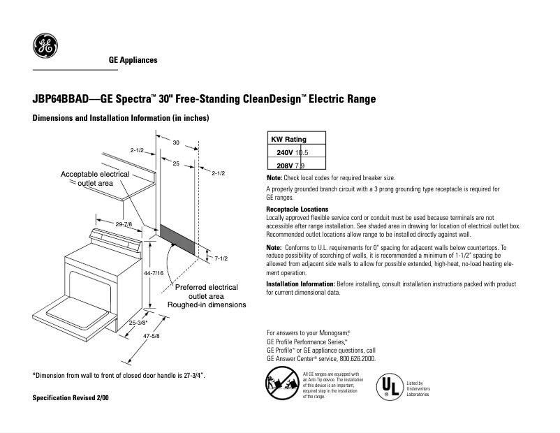 Page 1 de la notice Fiche technique GE JBP64BBCT