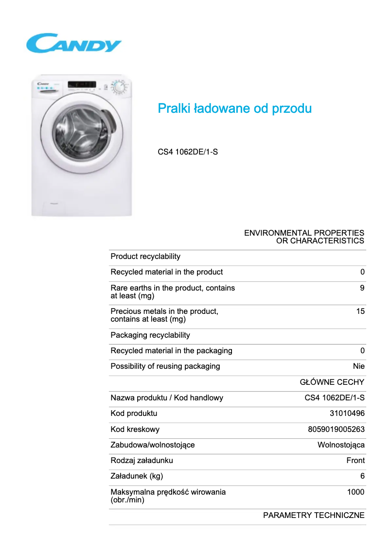 Page 1 de la notice Fiche technique Candy CS4 1062DE/1-S