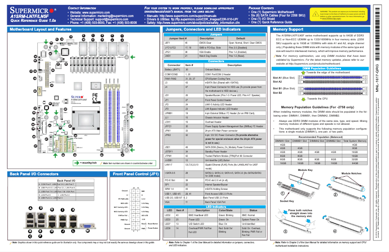 Page n°1 - Guide de démarrage rapide Supermicro A1SRM-LN7F-2758