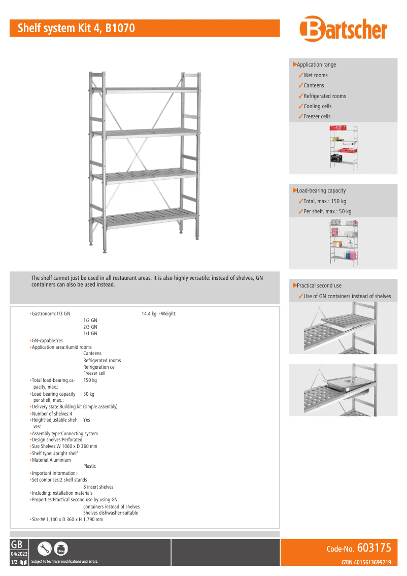 Page 1 de la notice Fiche technique Bartscher 603175