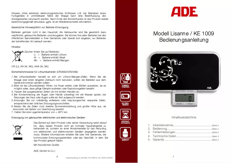 Image de la première page du manuel de l'appareil Lisanne KE 1009