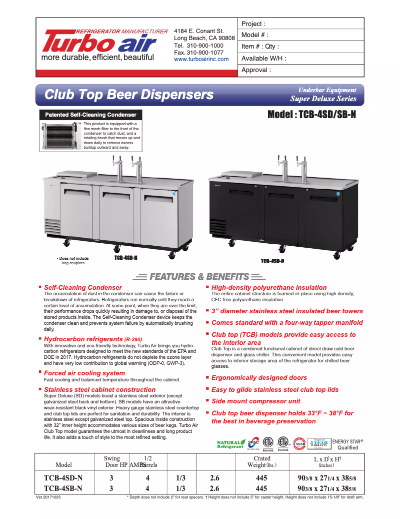 Page 1 de la notice Fiche technique Turbo air TCB-4SD
