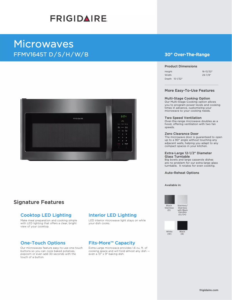 Page 1 de la notice Fiche technique Frigidaire FFMV1645TB